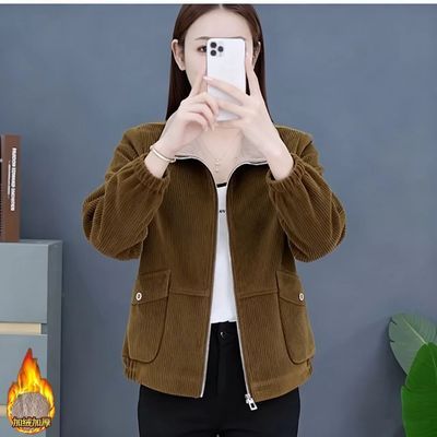 秋冬新款灯芯绒加绒加厚外套妈妈洋气上衣中年时尚翻领小个子上衣