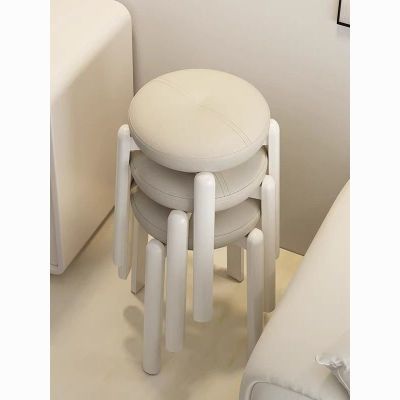 实木凳子家用客厅可叠放软包圆凳奶油风餐桌家庭备用高板凳化妆凳