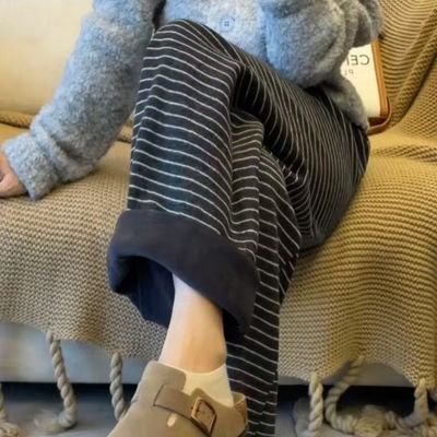 秋冬慵懒加绒加厚显瘦条纹休闲裤休闲阔腿冬季新款梨形拖地女裤