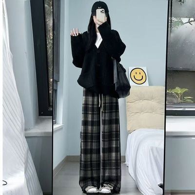 复古羊羔绒格子裤女毛呢秋冬新款加绒2026加厚高腰棉裤阔腿裤百搭