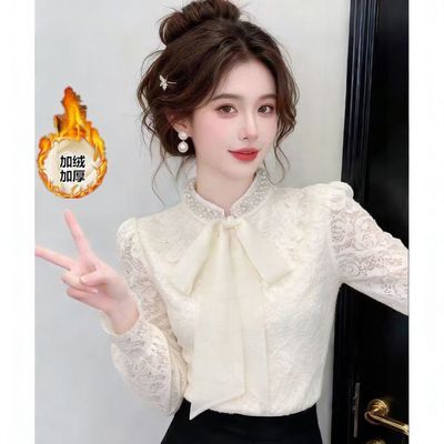 法式气质蕾丝加绒保暖衬衫女2026年新款高级感蝴蝶结飘带钉珠上衣