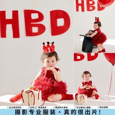 儿童摄影服装红色公主裙女孩生日主题影楼拍照蛋糕道具宝宝周岁照