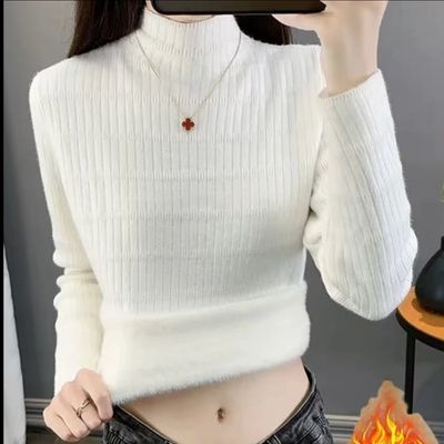 竹节纹一体绒针织衫打底加绒新款毛衣半高领秋冬加厚保暖修身上衣