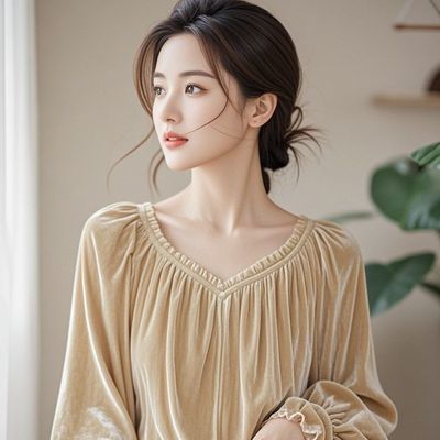 高级感超好看杏色丝绒衬衫女早秋季宽松气质别致独特金丝绒上衣
