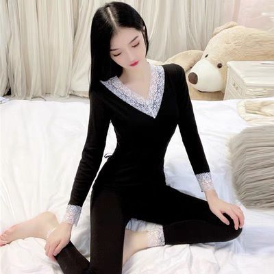 保暖套装内衣秋冬季女性感V领蕾丝花边修身内搭高弹性加绒家居服