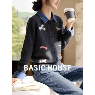 Basic House/百家好减龄牛仔领假两件针织衫木马刺绣宽松显瘦开衫