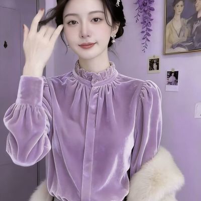  香芋紫丝绒衬衫女春秋法式立领泡泡袖高级感显瘦气质百搭上衣