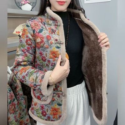 新中式中老年长袖短款加厚外套时尚气质妈妈装冬季保暖花色棉衣女