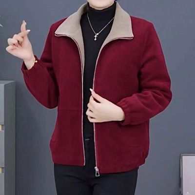 秋冬新款灯芯绒加绒加厚外套妈妈洋气上衣中年时尚翻领小个子上衣