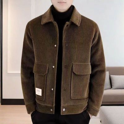 大牌清仓高档男士灯芯绒新款潮流外套翻领休闲加绒爸爸中年夹克