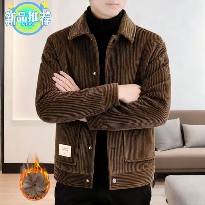 大牌清仓高档男士灯芯绒新款潮流外套翻领休闲加绒爸爸中年夹克