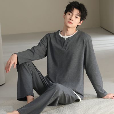 【云想衣】新款男士睡衣春秋季纯棉假两件长袖圆领家居服男套装