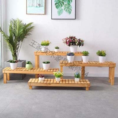 原木本色花架置物架一层阳台实木室内客厅阶梯花盆架多层镂空