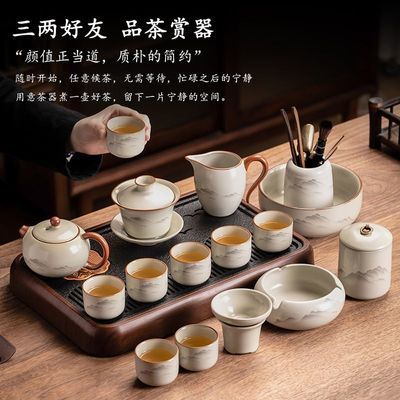 汝窑功夫茶具套装家用轻奢高档陶瓷泡茶壶茶杯茶盘喝茶办公室会客