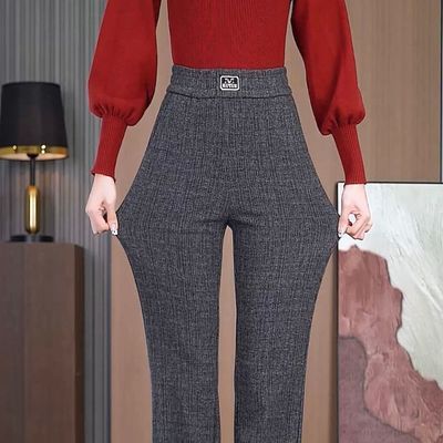 灰色微喇裤子女秋冬新款加绒加厚高腰百搭修身显瘦窄版休闲喇叭裤