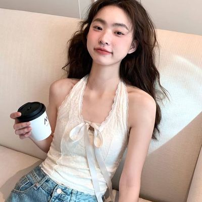 纯欲蕾丝挂脖背心女绑带蝴蝶结夏季美背甜辣妹内搭外穿带胸垫上衣【3天内发货】