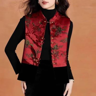 新中式国风红色马甲女2026新款秋冬提花拼接妈妈马夹坎肩唐装背心