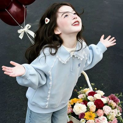 女童花边卫衣春秋2026新款儿童洋气休闲上衣春装女孩半拉链POLO衫