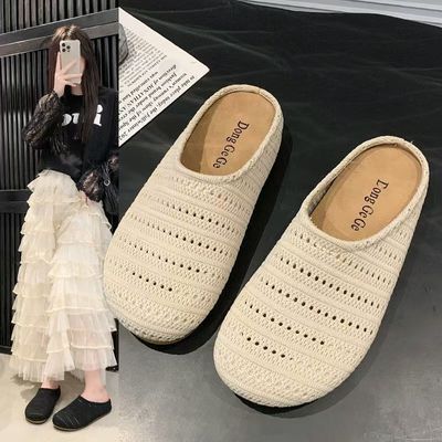 爆款小众手工编织镂空透气包头半拖鞋女夏外出罗马风通勤穆勒鞋子
