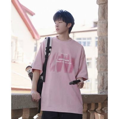 明星同款GOOZI MADE 重磅麂皮绒粉色短袖T恤男夏季美式男生半袖