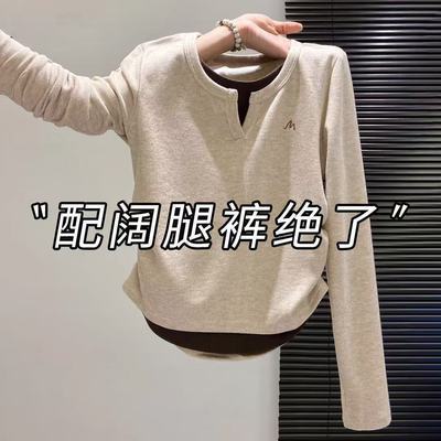 秋冬季胖MM拼接2025撞色德绒保暖长袖t恤上衣修身新款显瘦打底衫