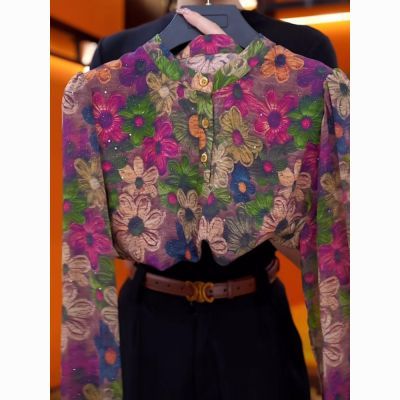 设计感洋气印花衬衫女春夏季孕新款显瘦圆领减龄百搭长袖防晒小衫