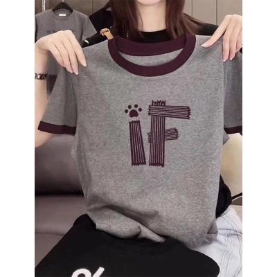 2026新款正肩拼色圆领短袖t恤女ins休闲百搭洋气撞色灰色上衣夏