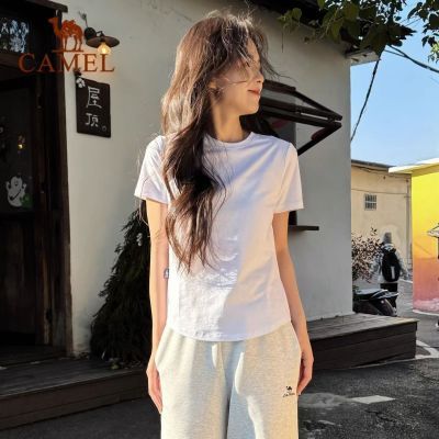 热巴同款骆驼T恤正肩T神短袖女白色冰感短款打底弹力修身显瘦上衣