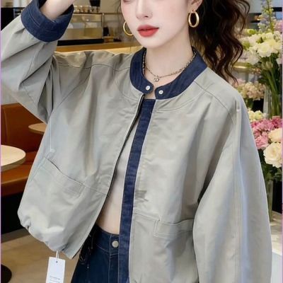 复古拼接牛仔外套女秋2025新款宽松显瘦大码棒球服冲锋衣夹克