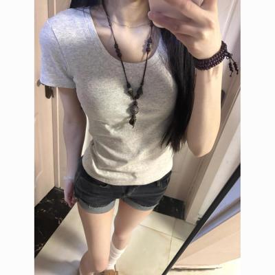 纯棉灰色正肩短袖女U领修身收腰显瘦辣妹百搭上衣女夏季纯色T恤女
