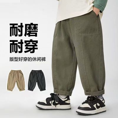 2025新款高腰纯棉男童工装裤秋冬款一体绒休闲长裤中小童可开裆