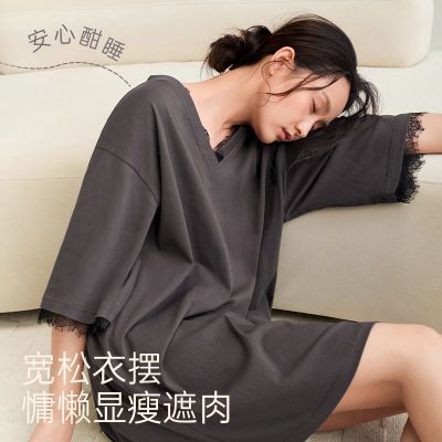 安之伴春夏纯棉睡裙女轻奢纯欲蕾丝V领家居服女士高级感休闲睡衣