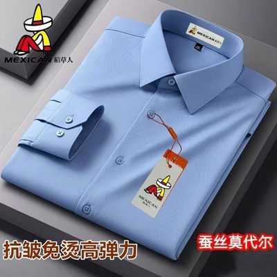 稻草人春秋高档无痕桑蚕丝休闲商务纯色免烫抗皱男士长袖弹力衬衫