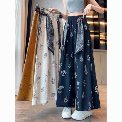 民族风宽松直筒休闲九分裤冰丝印花阔腿裤女夏季薄款新款高腰显瘦