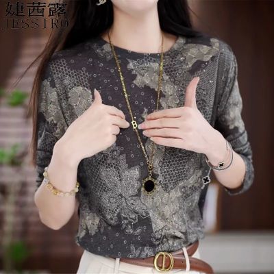 复古印花T恤女装早秋新款时尚百搭气质宽松显瘦E休闲减龄圆领小衫