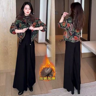 2025冬季新款妈妈印花短外套女加绒加厚洋气休闲百搭保暖夹克上衣