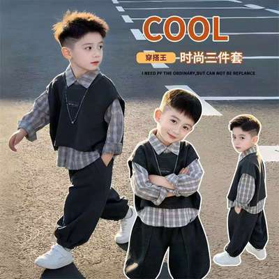 男童2026春装新款韩版儿童中小童宝宝男孩三件套衬衫马甲裤子套装优惠商品图片