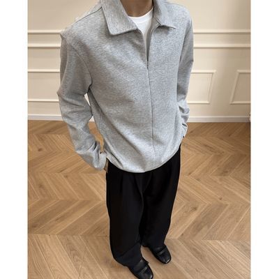 浅灰色美式假两件长袖polo衫男款春季半拉链卫衣cleanfit翻领外套