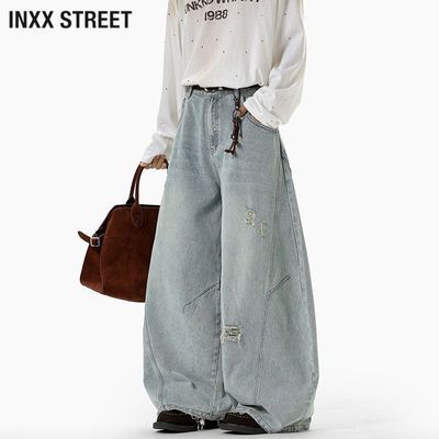 INXX STREET复古弯刀棉牛仔裤男女美式破洞廓形解构设计长裤裤子