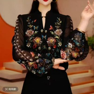 Y260105- 新款琉璃双皱丝洋气时尚百搭休闲气质女士印花小衫显瘦