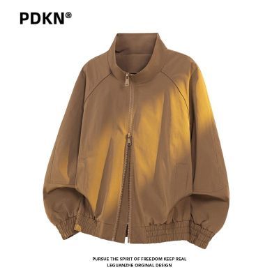 PDKN美式复古纯色拼接双拉链立领夹克男2026春季新款潮流百搭外套【6天内发货】