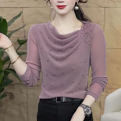 春季新款洋气女人味钉珠烫钻网纱打底衫女时尚上档次减龄烫钻上衣