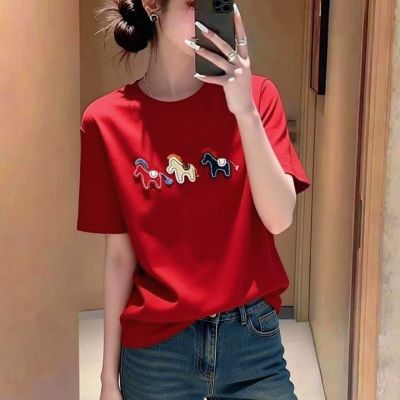马上有钱正肩纯棉短袖t恤女印花小马2026新款夏季宽松显瘦上衣