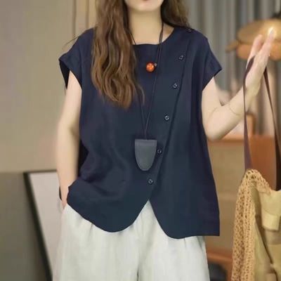 短袖上衣女夏季胖MM显瘦百搭气质宽松大码时尚休闲斜襟不规则衬衫