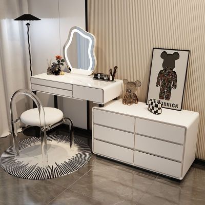 亿斯伦诺奶油风岩板梳妆台床头柜一体网红伸缩化妆台卧室现代简约