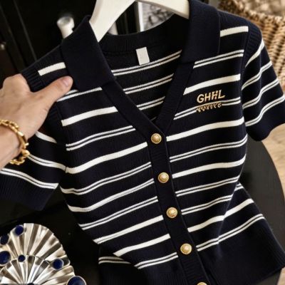 小众2026夏季新款(80-200)大码撞色条纹polo领轻奢翻领短袖针织衫【7天内发货】