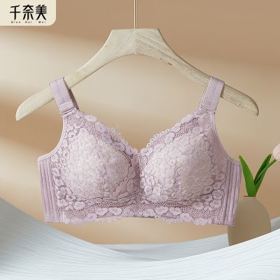 千奈美蕾丝边大码内衣防下垂大胸显小全罩杯防垂无钢圈上托文胸女