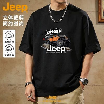 JEEP吉普纯棉短袖t恤废土风夏季新款宽松黑色圆领户外男装上衣服