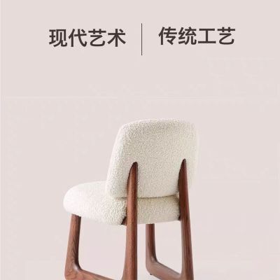 正品羊毛美式复古实木羊羔绒餐椅白蜡梳妆奶油卧室椅轻奢高级实木