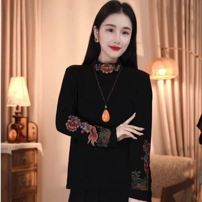 圆领新中式妈妈2026新款长袖打底绣花百搭国风刺绣复古上衣T恤